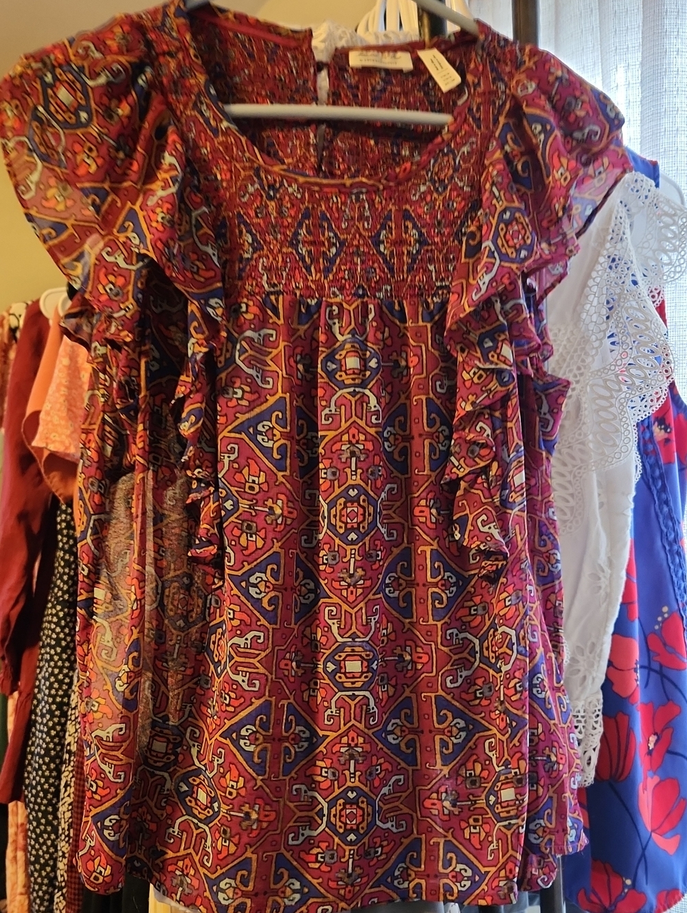 Anthropologie Red and Blue Printed Ruffled Blouse